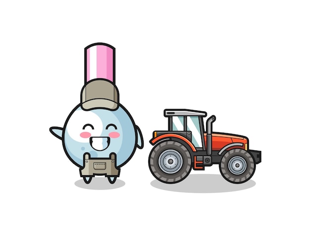 O mascote do agricultor de cotonete ao lado de um trator