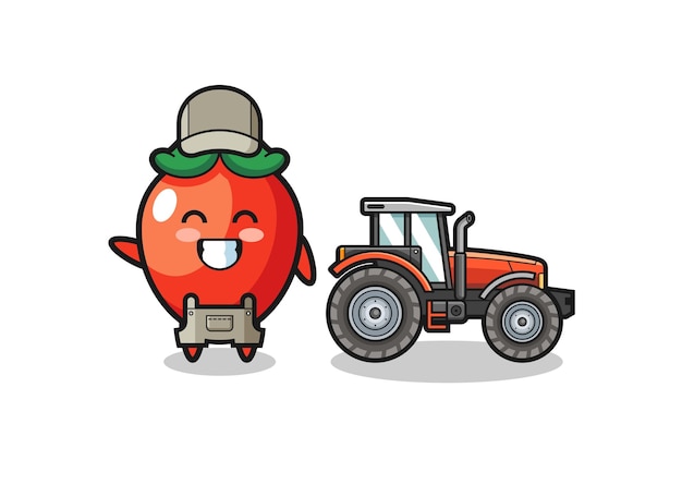 O mascote do agricultor de pimenta ao lado de um trator