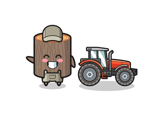 O mascote do agricultor de toco de árvore ao lado de um trator