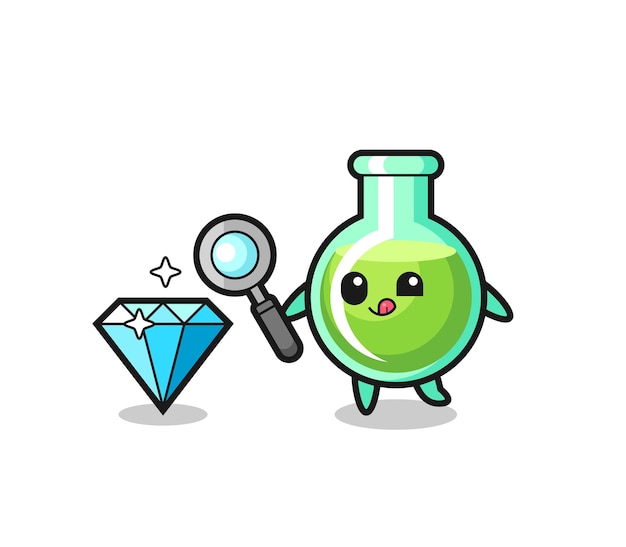 O mascote dos béqueres de laboratório está verificando a autenticidade de um diamante, design de estilo fofo para camiseta, adesivo, elemento de logotipo