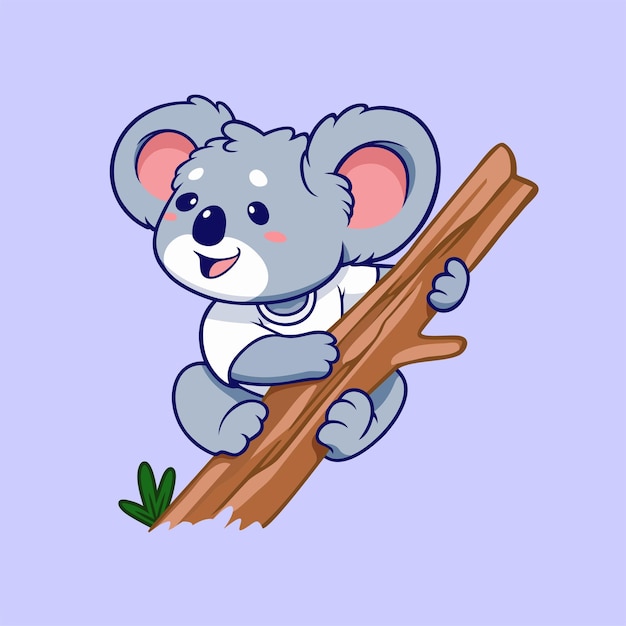 O mascote koala teddy bear escalando um tronco de árvore