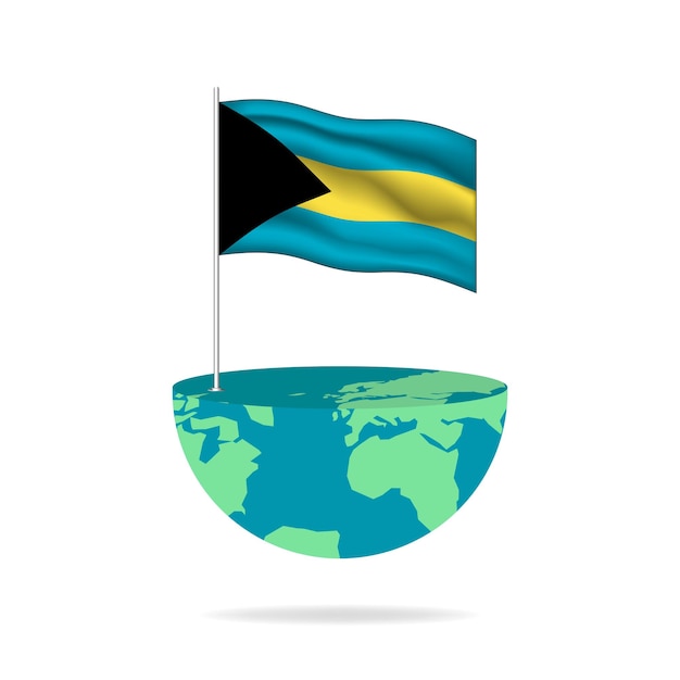 O mastro de bandeira das bahamas no globo. bandeira acenando ao redor do mundo. fácil edição e vetor em grupos.