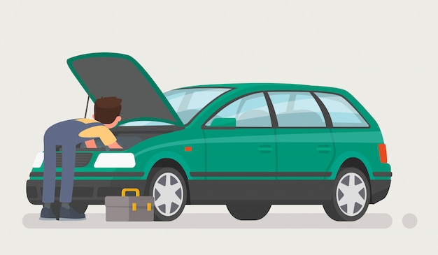 O mecânico de automóveis abriu o capô e reparou o carro.