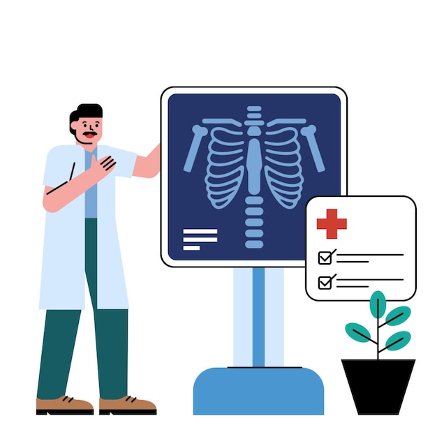 O médico analisa o relatório de raios-X.