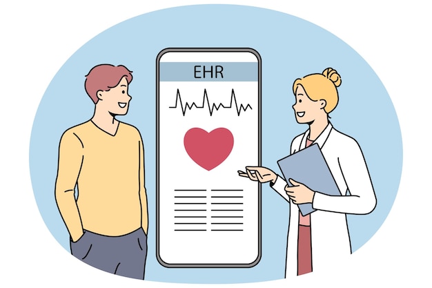 Vetor o médico consulta o paciente sobre o ehr no telemóvel