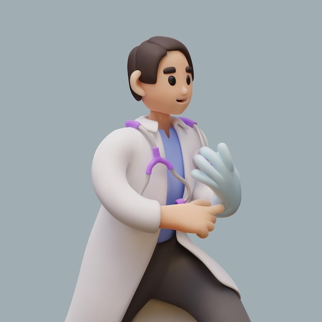 O médico corre para o paciente. O homem de casaco branco com estetoscópio coloca uma luva de proteção.