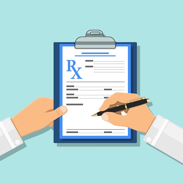 O médico escreve a prescrição com uma caneta no formulário rx na área de transferência. Conceito médico e de saúde. ícones de estilo simples. ilustração vetorial isolada