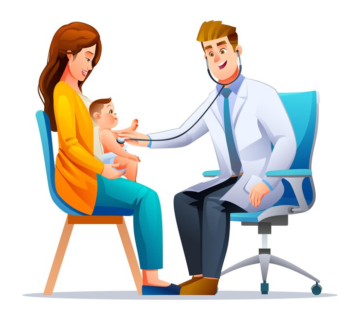 Vetor o médico examina o peito de um menino sentado no colo de sua mãe com um estetoscópio vetor