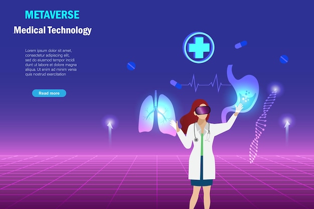 O médico experimenta a tecnologia do metaverso analisando e diagnosticando o  problema de saúde dos órgãos humanos