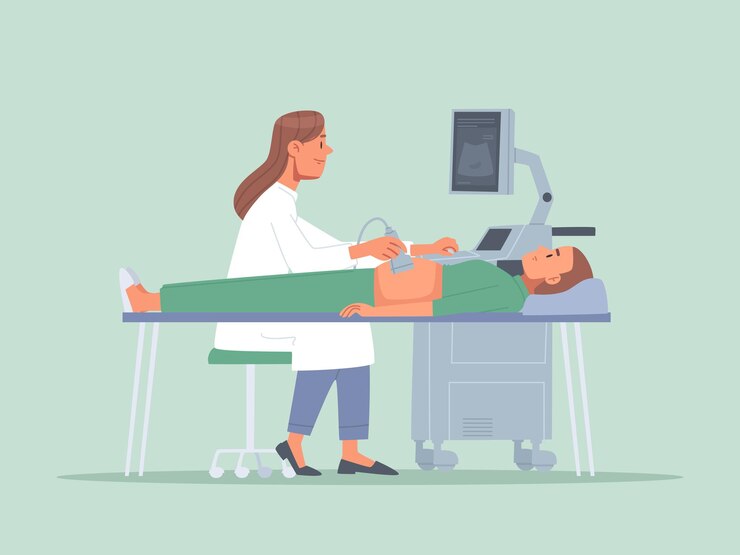 Vetor o médico realiza um exame de ultra-som de uma mulher grávida.