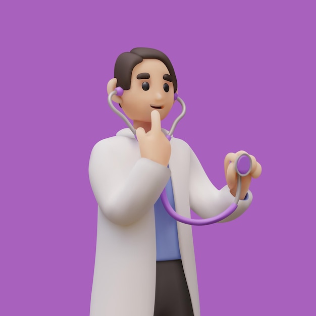 O médico usa o estetoscópio e pensa que o homem de casaco branco escuta os pulmões e o coração.