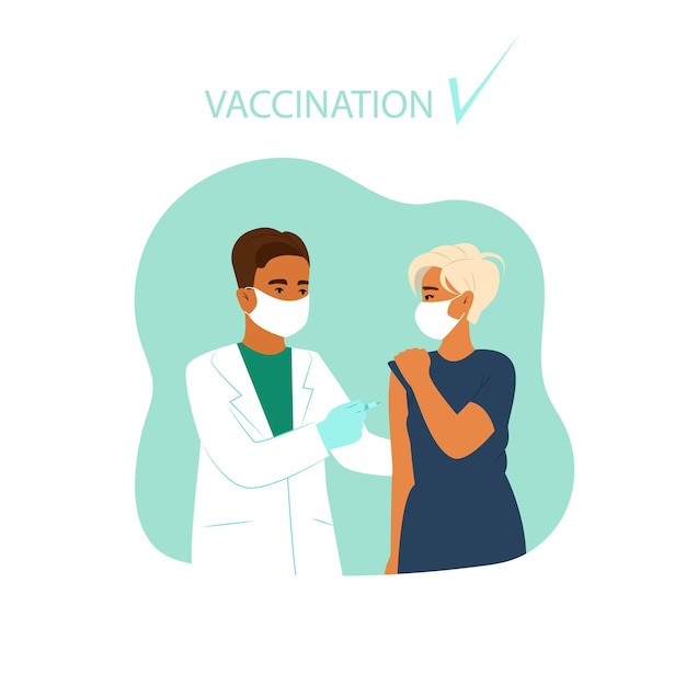 O médico vacina uma mulher. Vacinação contra coronavírus. Ilustração vetorial em estilo simples.