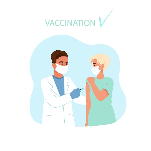 O médico vacina uma mulher. Vacinação contra coronavírus. Ilustração vetorial em estilo simples.