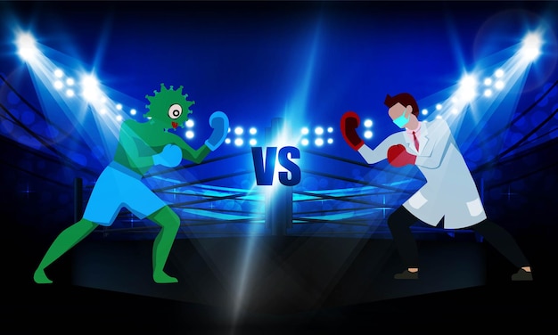 O médico vs corona man na arena do ringue de boxe e holofotes vector design tipo mortal