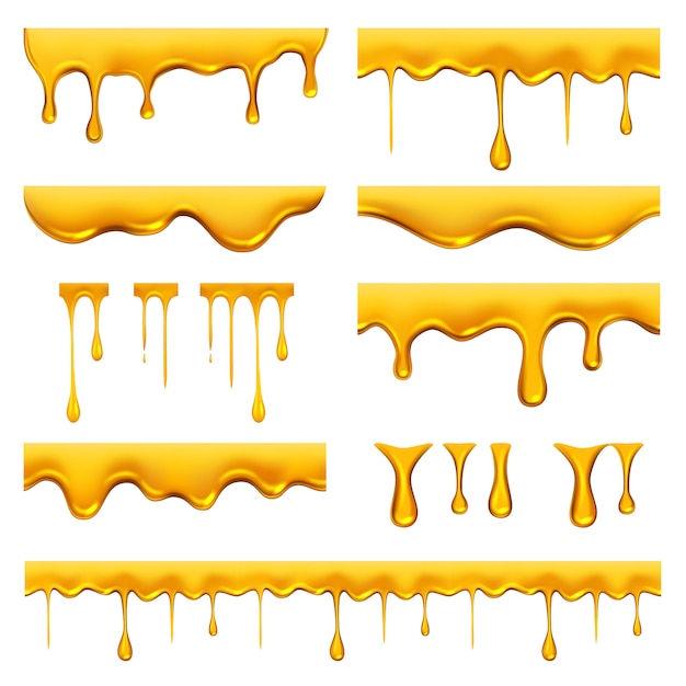 Vetor o mel pingou. óleo dourado líquido ou molho de comida com respingos de caramelo e modelo realista fluindo