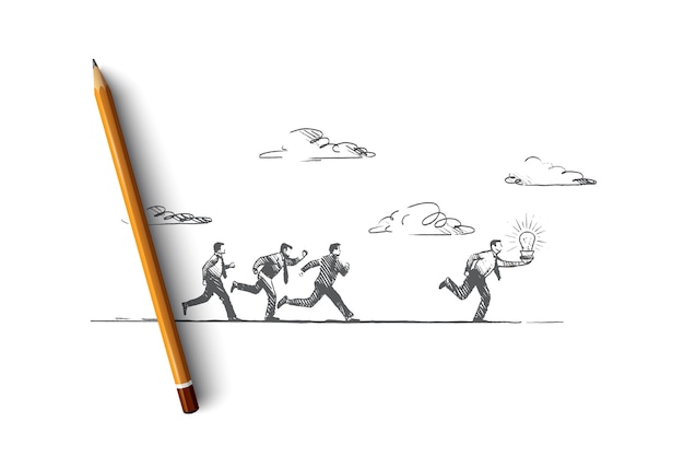 O melhor conceito de ideia. Mão desenhada pessoas correndo com lâmpada luminosa. O empresário faz uma ilustração isolada de ótima solução.