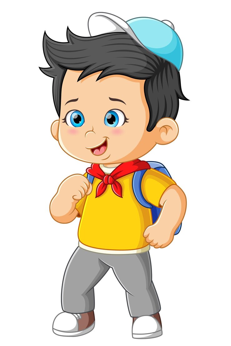 O menino aventureiro está usando o lenço vermelho e mochila