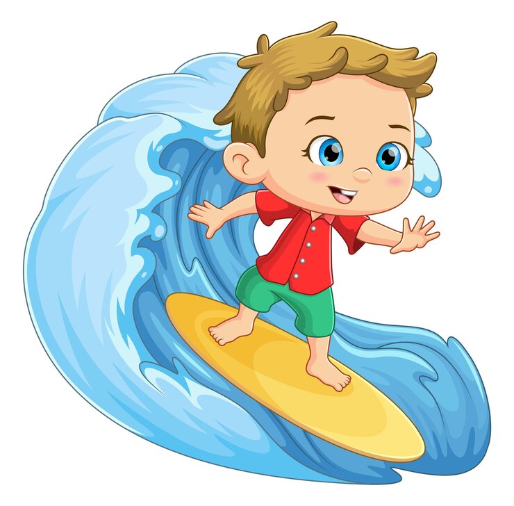 O menino corajoso está jogando uma prancha de surf na praia com uma onda grande