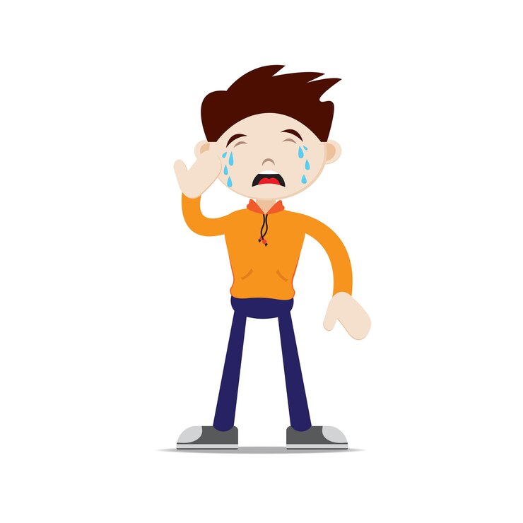 Vetor o menino de pé está chorando. vestindo uma jaqueta laranja, calça azul marinho e tênis. ilustração de personagem plana isolada no fundo branco.