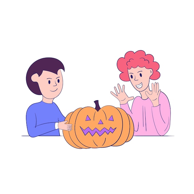 O menino deu uma abóbora para a menina Ilustração de Halloween Estilo moderno