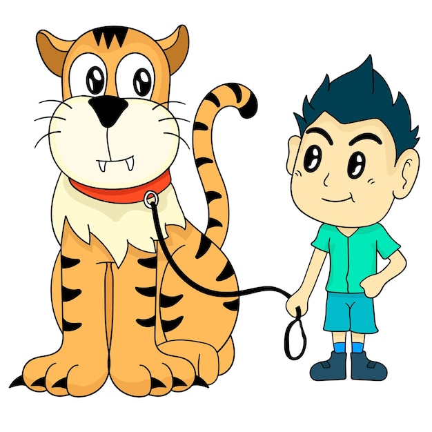 O menino e seu tigre de estimação. ilustração vetorial desenho animado