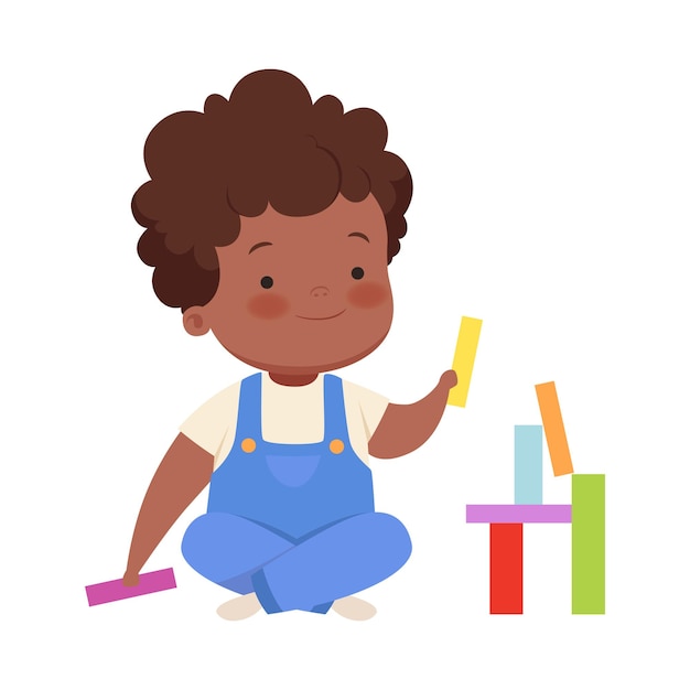 O menino está construindo a partir de blocos coloridos ilustração vetorial em um fundo branco