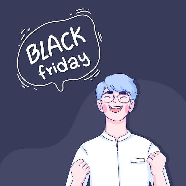 O menino está feliz com a liquidação da black friday.