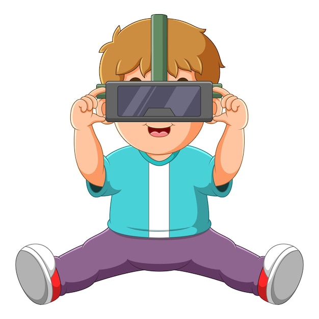 Vetor o menino está procurando algo na realidade virtual e pulando