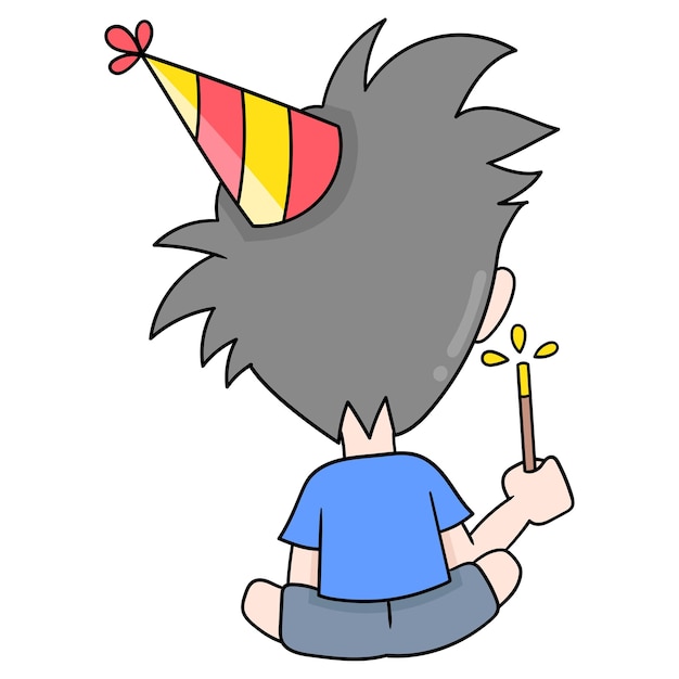 O menino está sentado segurando fogos de artifício comemorando o ano novo ilustração vetorial arte doodle imagem ícone kawaii