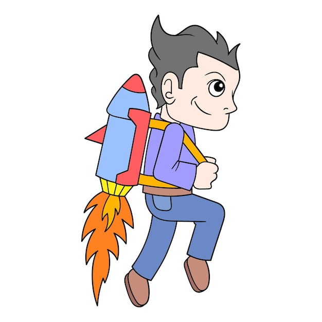 O menino está usando um foguete nas costas voando para a imagem do ícone do doodle do céu kawaii