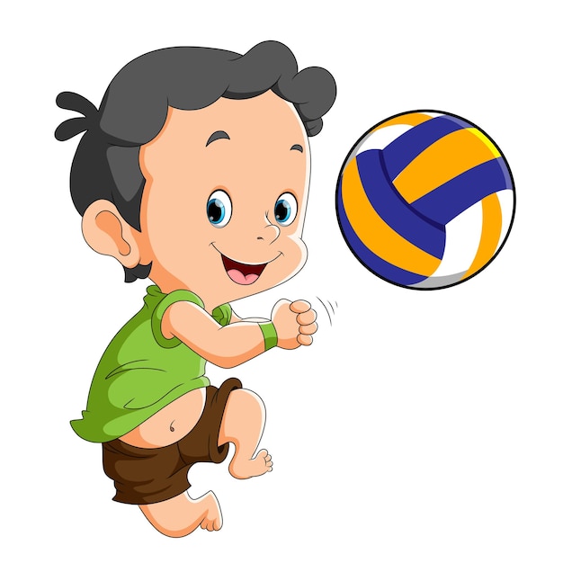 O menino feliz está jogando a bola de vôlei da ilustração