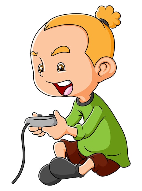 O menino feliz está jogando o jogo com o joystick da ilustração