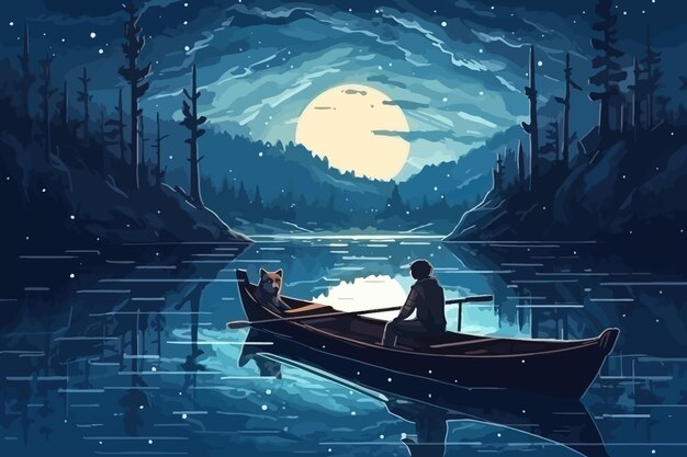 Vetor o menino nada no lago o desenho animado coloriu um menino em um barco um menino na floresta ilustração vetorial