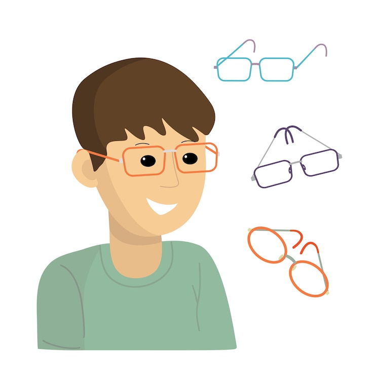 Vetor o menino no salão de ótica o cara pondera a escolha de óculos com uma expressão feliz escolha de óculos no rosto para melhorar sua coleção de visão