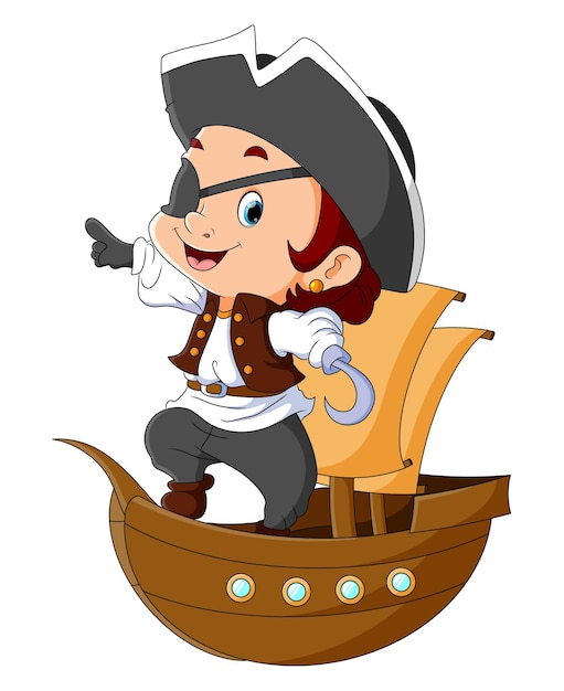 O menino pirata está no navio pirata da ilustração