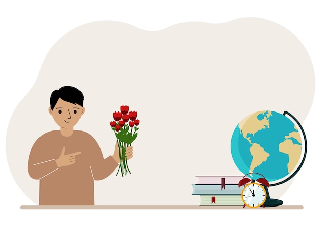 O menino segura na mão um buquê de flores ao lado dos livros didáticos, um globo e um despertador o conceito de 1º de setembro o dia do conhecimento logo para a escola o início dos estudos