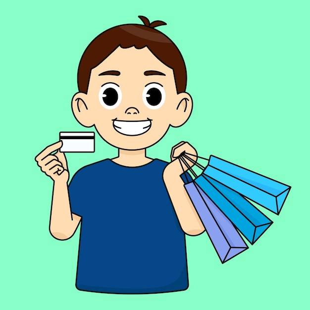 O menino sorri segurando um cartão de plástico e segurando sacos de compras compras via cartão