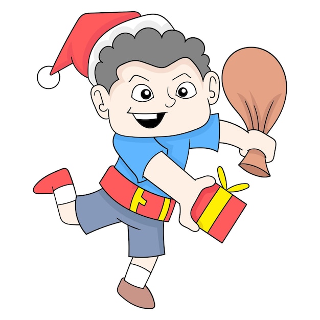 O menino traz um saco cheio de presentes de natal para compartilhar a imagem do ícone do doodle kawaii