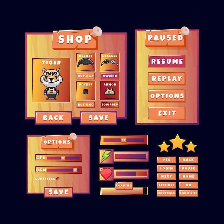 Vetor o menu do kit de madeira antigo da interface do usuário do jogo aparece com o botão e o ícone da barra de progresso