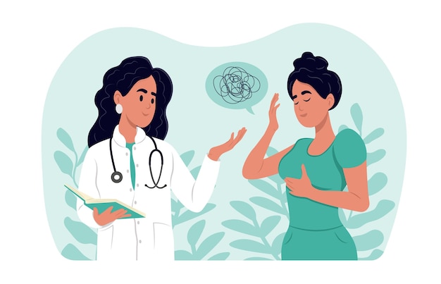 O mês de conscientização do PTSD é observado todos os anos em junho Uma mulher deprimida está conversando com um médico menina triste é impotente e apática sem motivação Conceito de saúde mental
