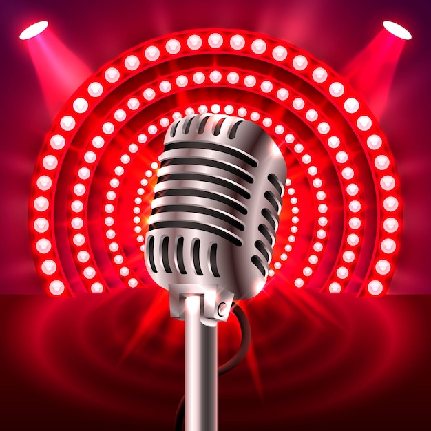O microfone na cena vermelha. ilustração vetorial