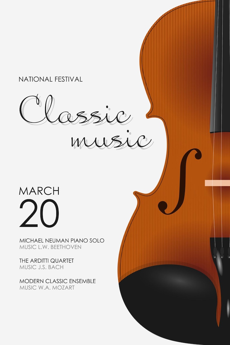 Vetor o modelo de cartaz de concerto de música clássica com violino