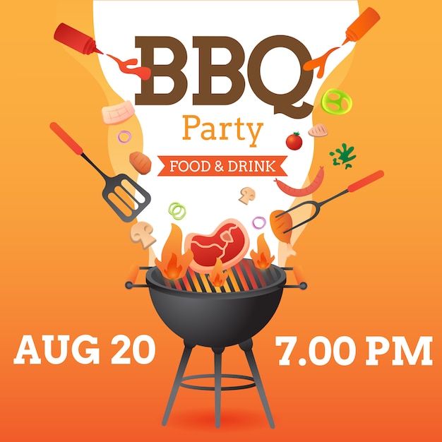 O modelo do cartaz do convite da festa do BBQ com grade e inseto do alimento vector a ilustração lisa do estilo
