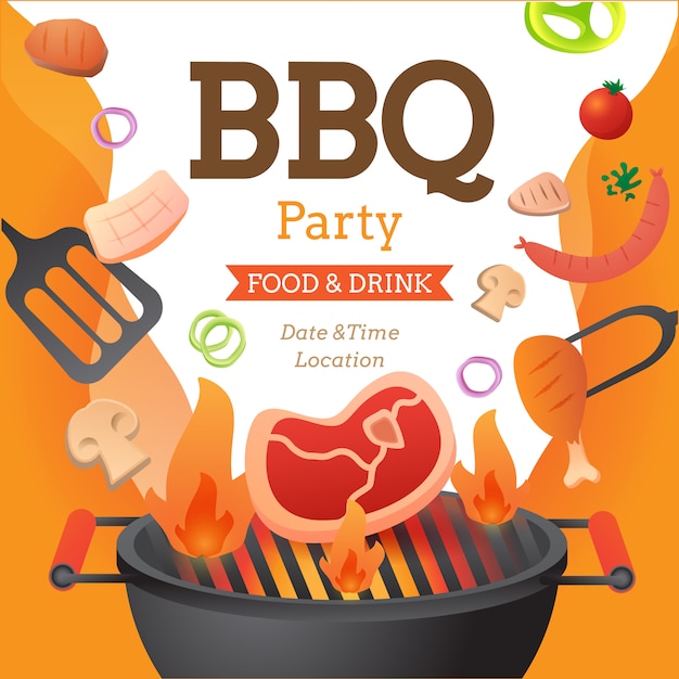 O modelo do cartaz do convite da festa do BBQ com grade e inseto do alimento vector a ilustração lisa do estilo