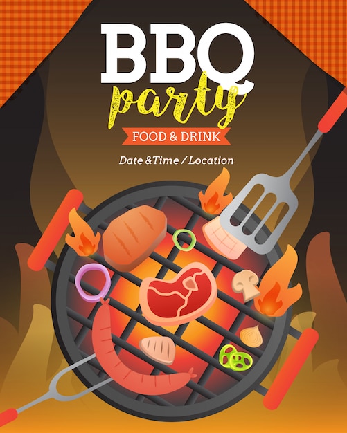 O modelo do cartaz do convite da festa do bbq com grade e inseto do alimento vector a ilustração lisa do estilo