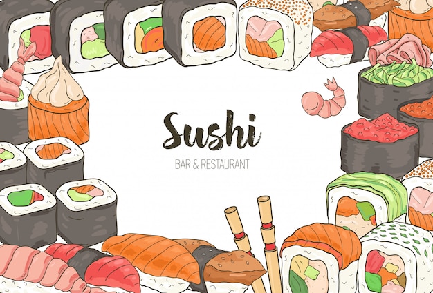 Vetor o modelo horizontal com moldura colorida consistia em vários tipos de sushi japonês e rolos em fundo branco. mão de ilustrações desenhadas para menu ou banner de restaurante de comida asiática.