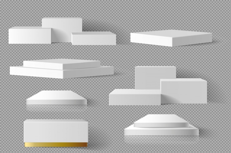 Vetor o molde do mármore do bloco quadrado da caixa vazia do branco e do ouro ajustou-se com fundo da sombra. conceito pódio palco vitrine 3d realista