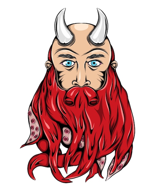 O monstro viking com chifres de ferro e barba de polvo