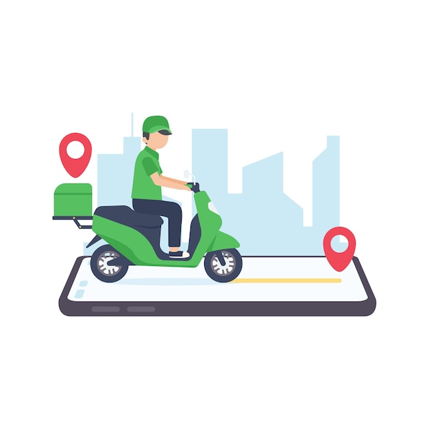 O motorista de entrega dirige através de um telefone celular com um conceito de entrega de comida on-line de tela de mapa