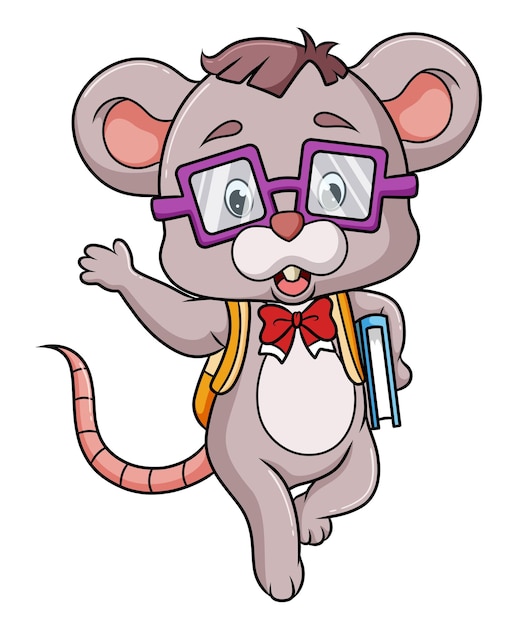 O mouse inteligente está indo para a escola e acenando com a mão da ilustração